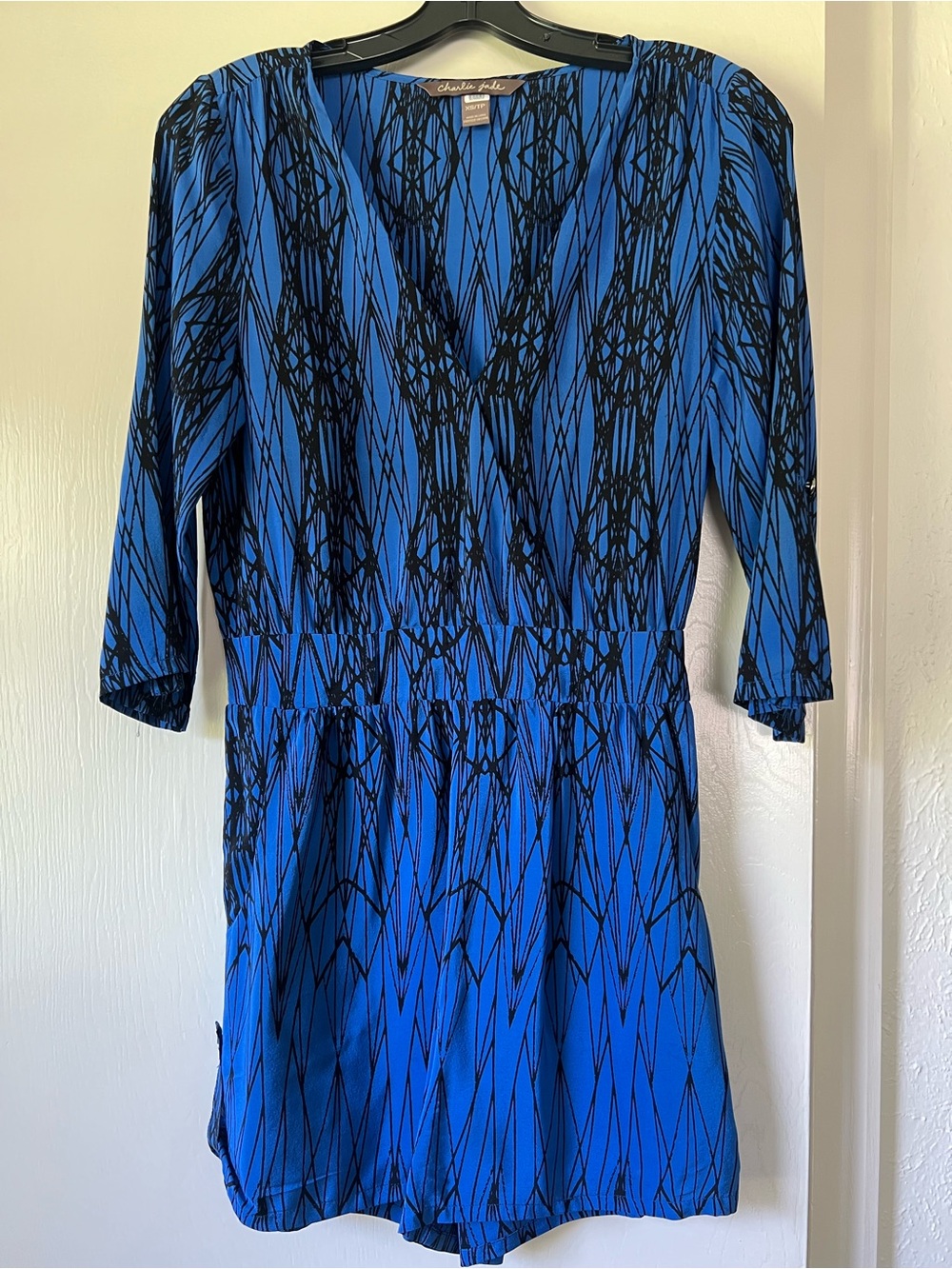 charlie jade Blue and Black V‑Neck Patterned Long Sleeve Dress